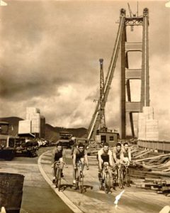 Bicyclists on the Golden Gate Bridge before opening in 1932. Via SAN FRANCISCO HISTORY CENTER, SAN FRANCISCO PUBLIC LIBRARY