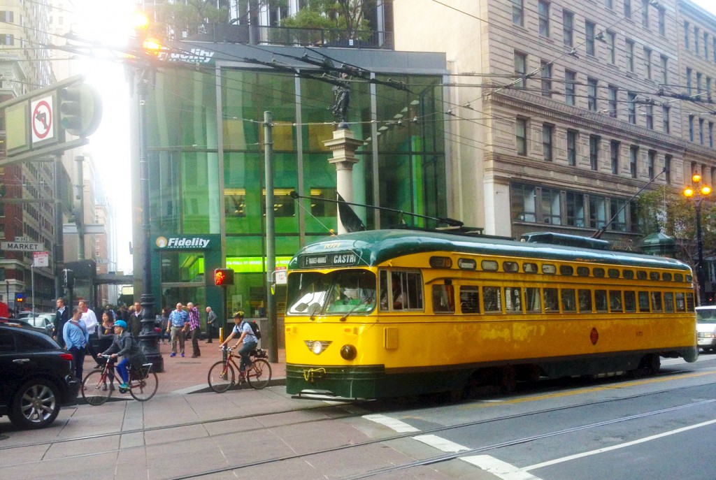 A Minneapolis-St. Paul Twin City Lines historic streetcar on Market Street.  This era is often fondly recalled by planners and policymakers.