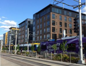 Redevelopment of Minneapolis' Stadium Village along the new Green Line. Many buildings were given parking exemptions or reductions.